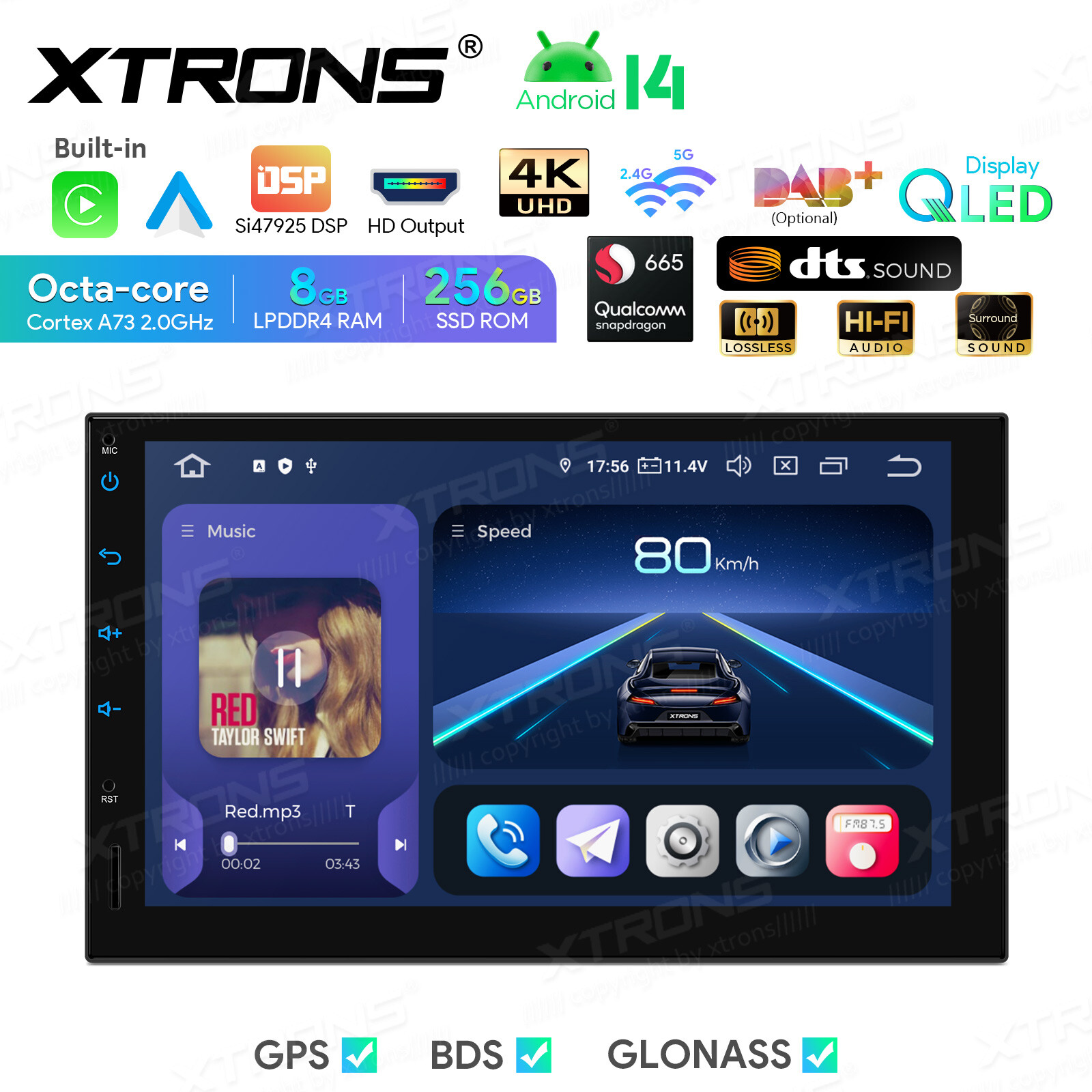2 DIN Android 14 CarPlay Head Unit 8GB 256GB GPS DTS Sound 7″ Touchscreen WIFI