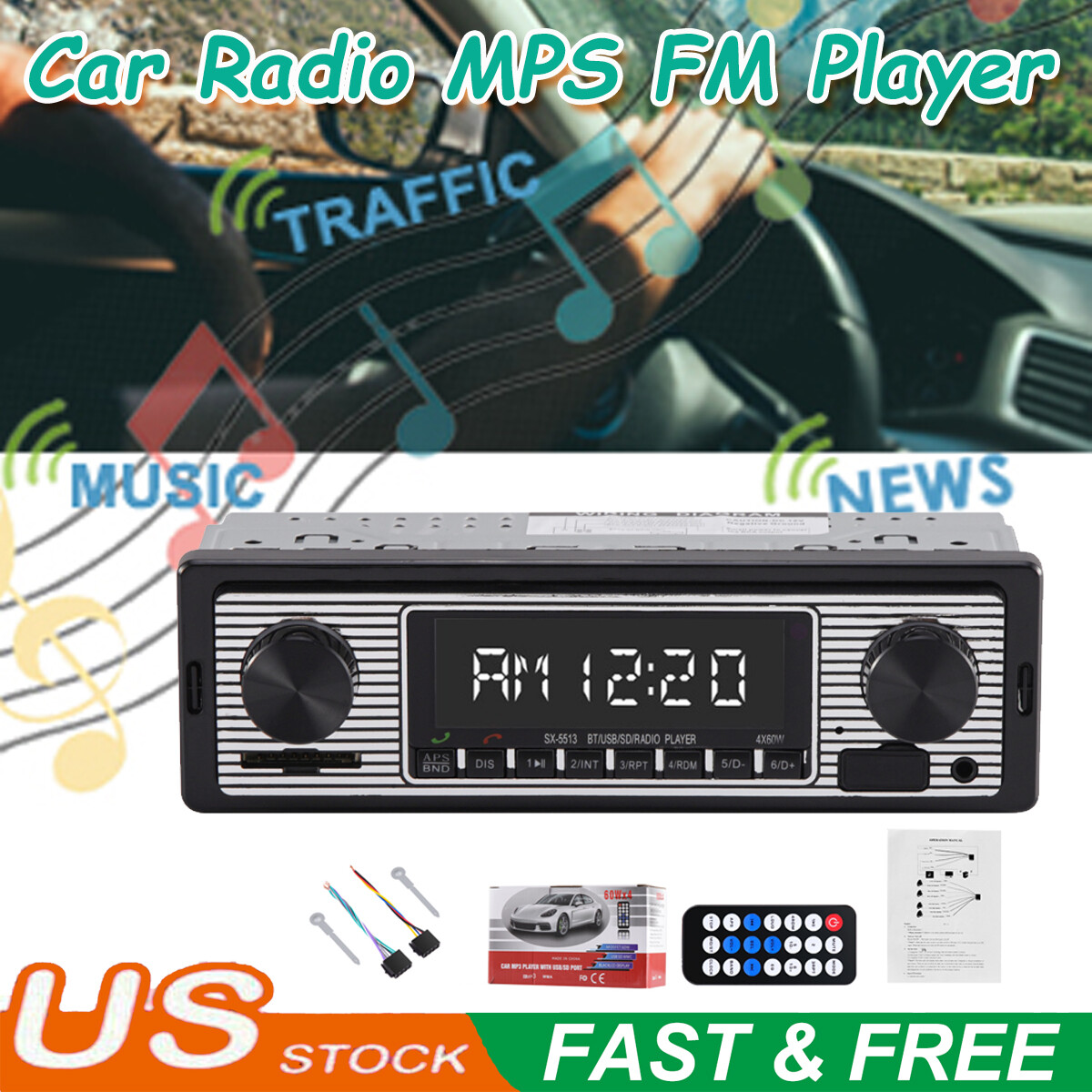 Bluetooth Vintage Car FM Radio MP3 Player USB Classic Stereo Audio Receiver AUX