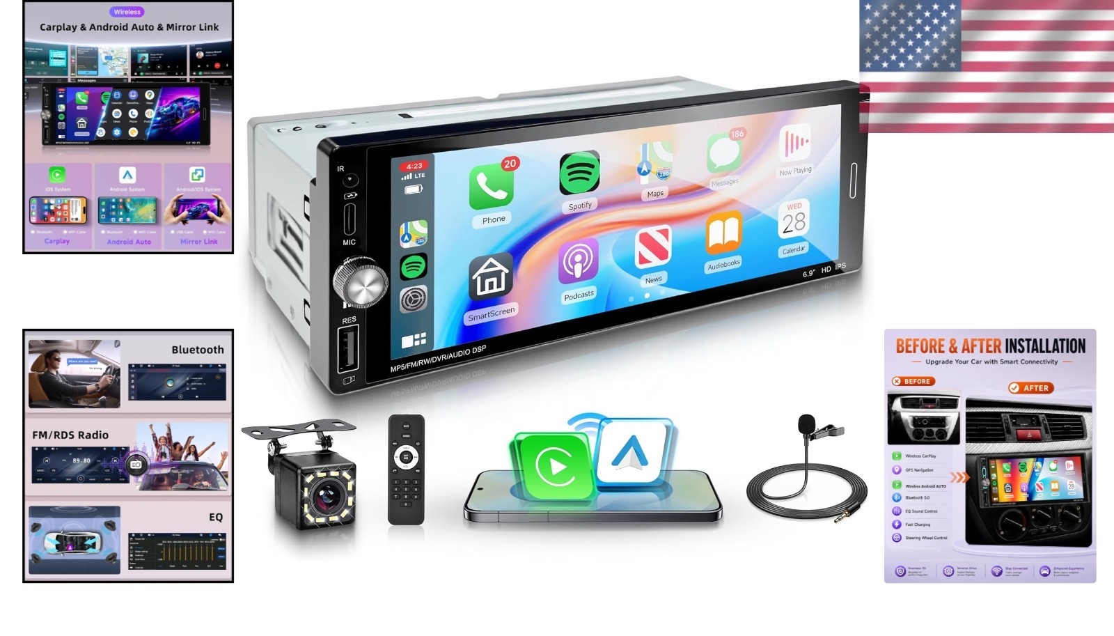 Advanced Bluetooth 5.2 Car Stereo with 6.9” Touchscreen & Backup Camera Support