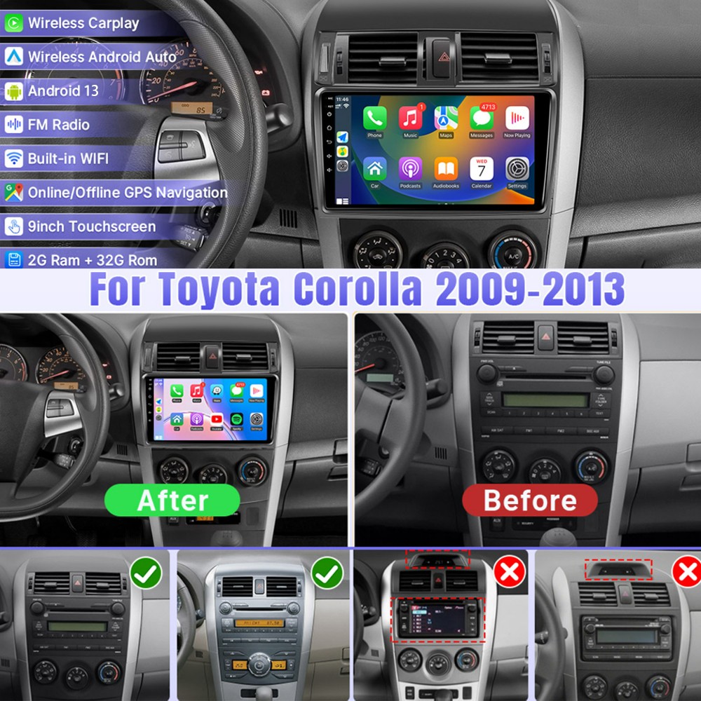 9” Android Car Stereo 2+32G Touchscreen Corolla 2009-2013 Carplay GPS