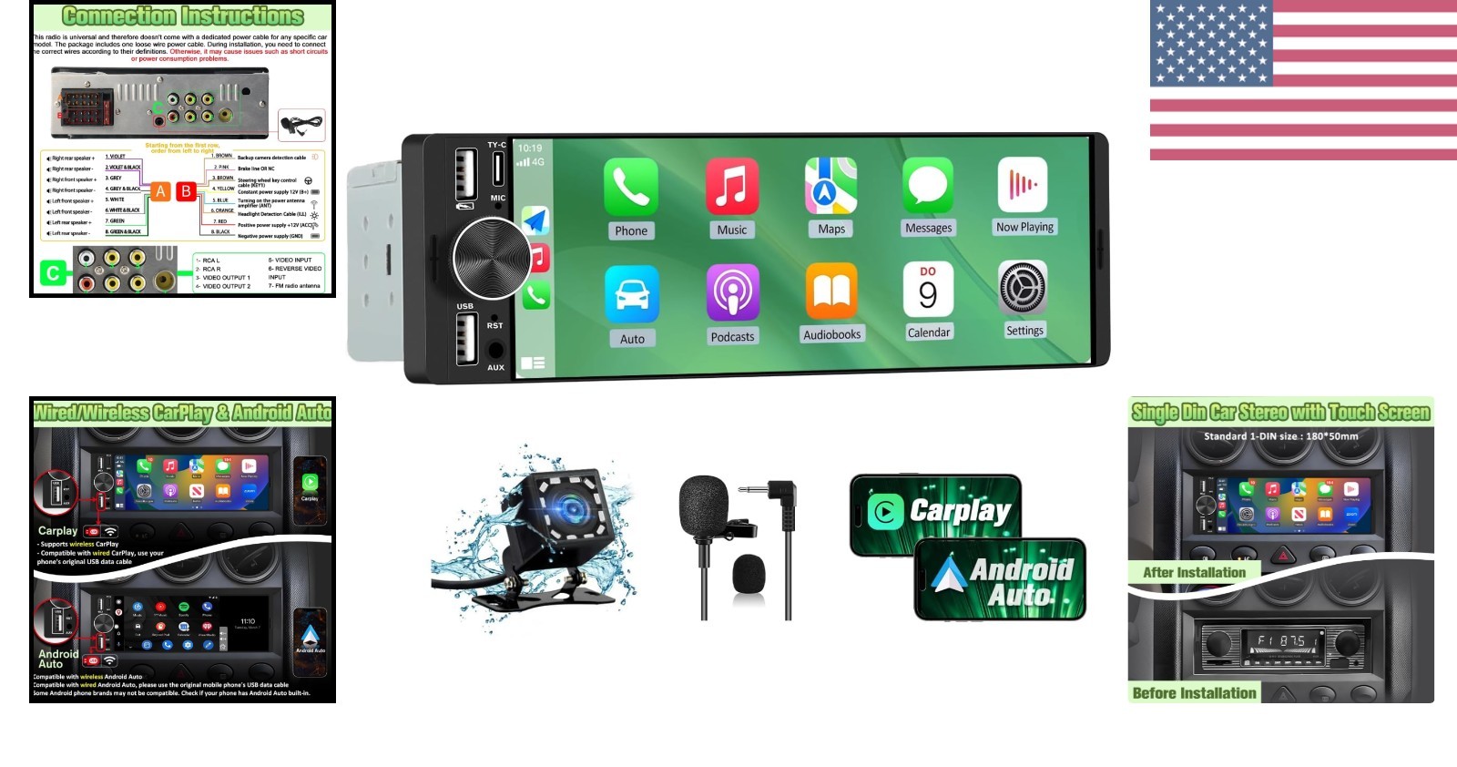 6.36″ Single Din Car Stereo with Wireless CarPlay & Android Auto, IPS Touchsc…