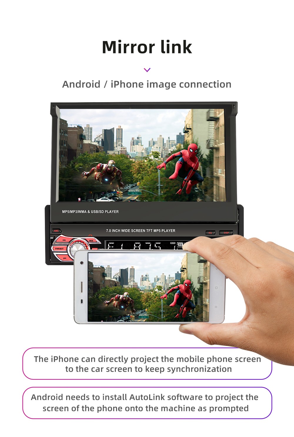 Single 1 Din 7″ Flip Out Car Radio Stereo Apple Carplay car Bluetooth FM Player