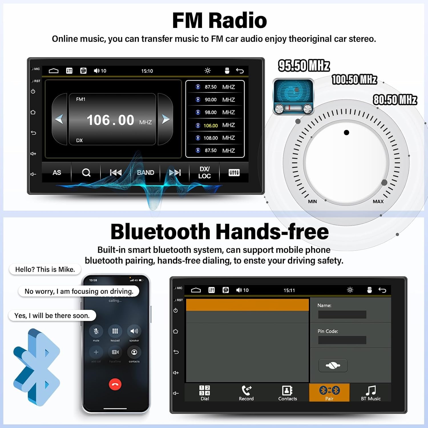 Double 2 Din Car Apple/Andriod Car Play Touch Screen Stereo Bluetooth Radio SWC