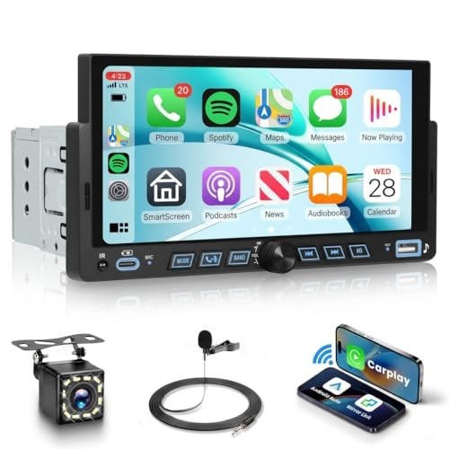 Single Din Car Stereo with Carplay & Android Auto, 6.86″ Touchscreen, Bluetooth