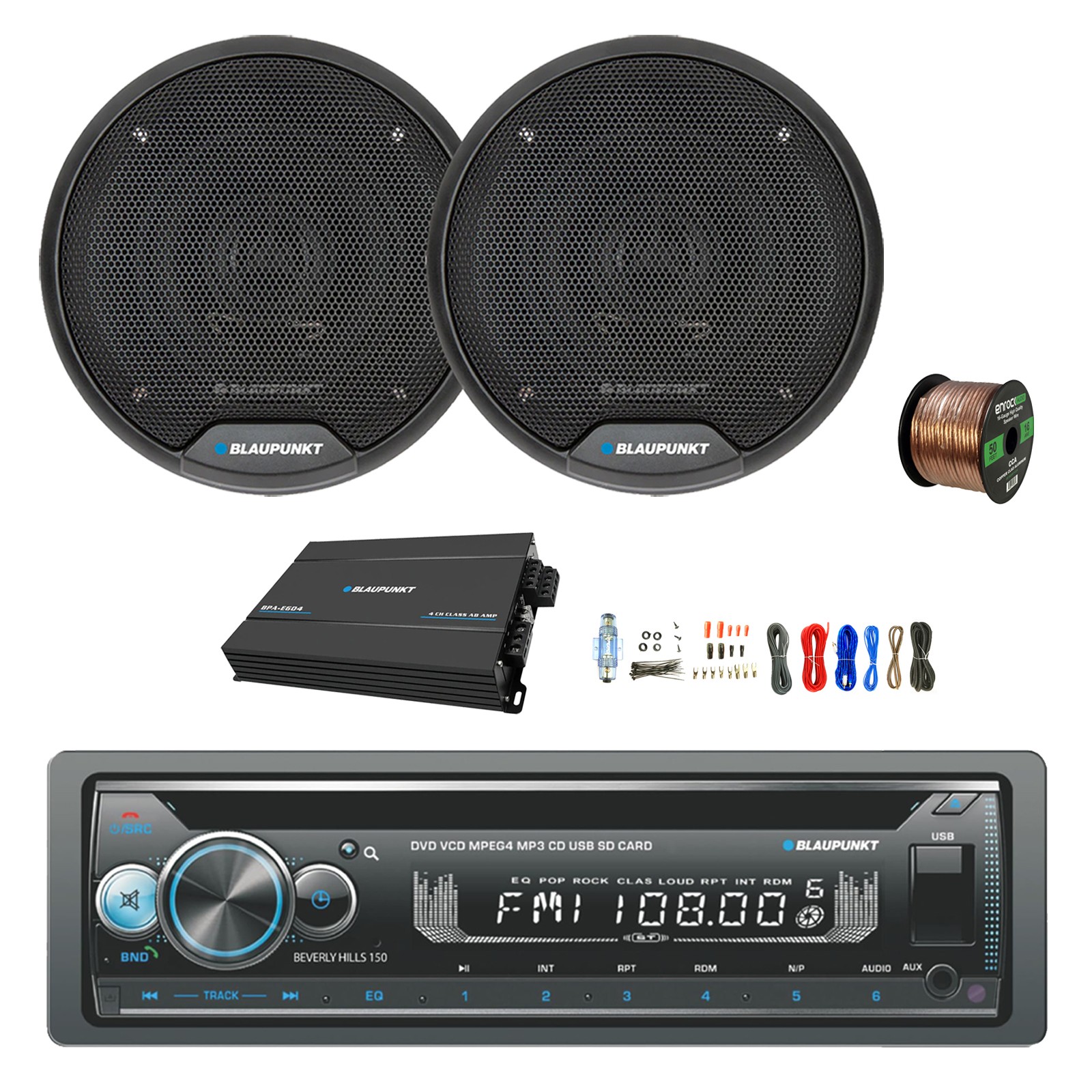 Blaupunkt Bluetooth Receiver, Amp w/Kit, 2x 4″ 40W Car Speaker, Wire