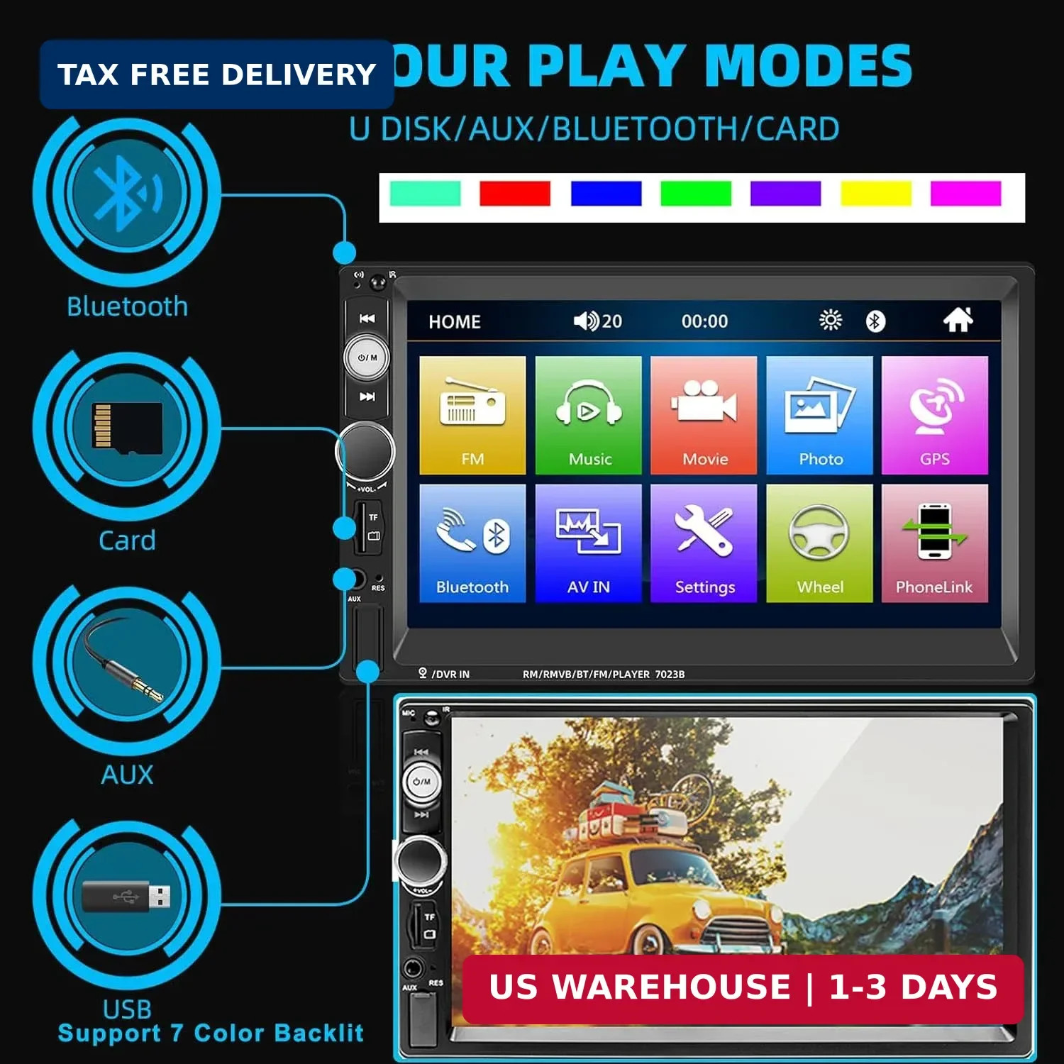 UNITOPSCI Double Din Car Stereo 7 Inch Touch Screen Car Audio Radio with Bluetoo