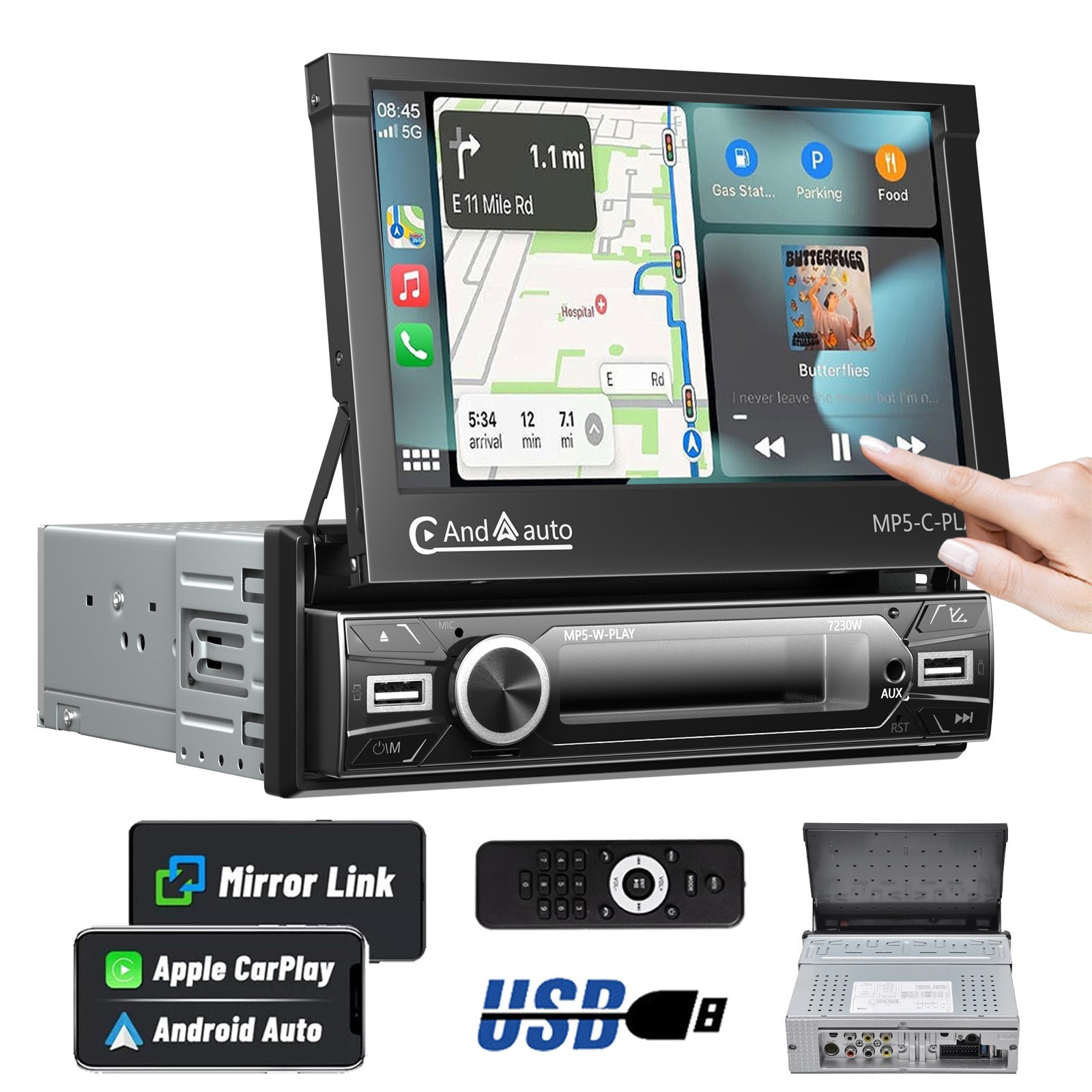 7″ Single 1Din Touch Screen Bluetooth Car Stereo Radio For Apple/Android CarPlay