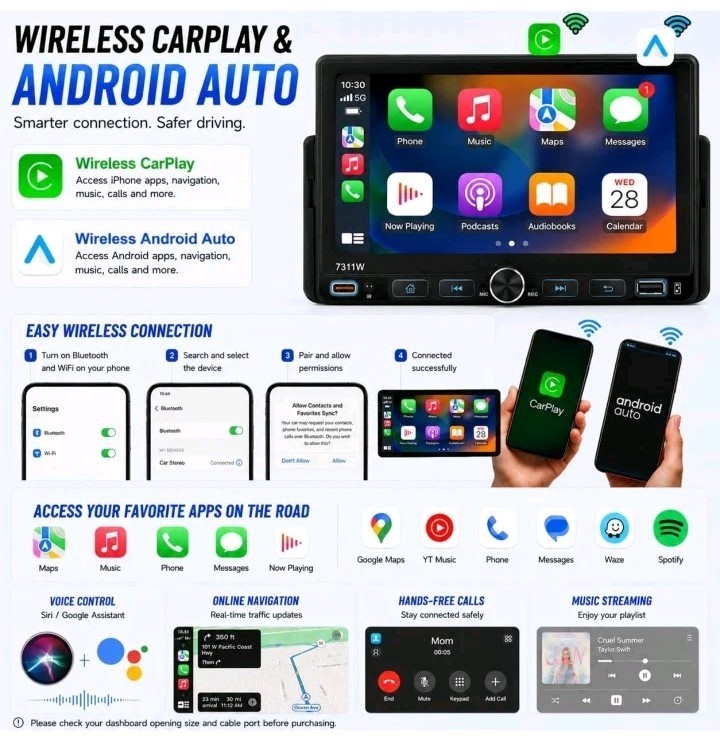 7″ Single 1Din Car Stereo Radio USB BT Wireless Android auto Carplay BT + Camera