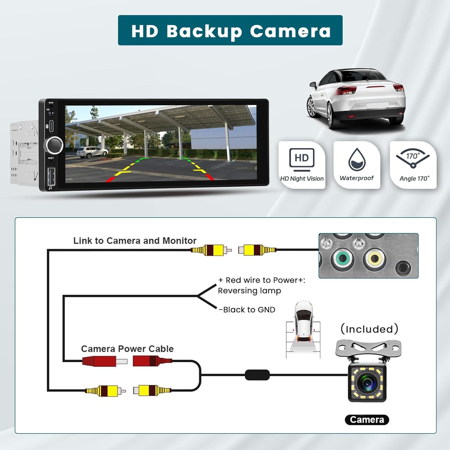 6.86″ Single Din Car Stereo Radio Apple CarPlay BT USB/Type-C FM +MIC & Camera