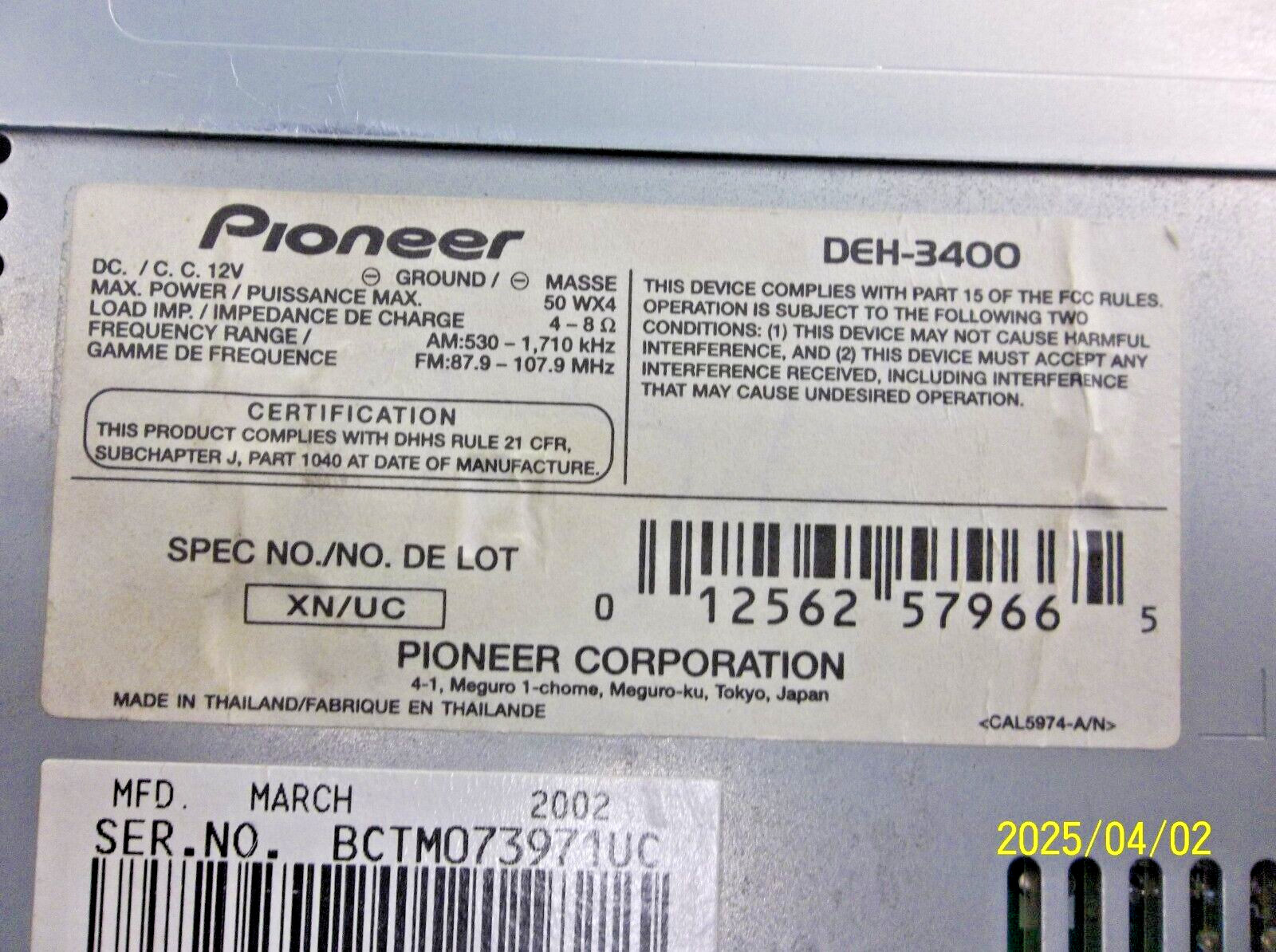 Pioneer DEH-3400 Car CD Player Receiver Mosfet 50 Watts Per Channel x4 AS/IS