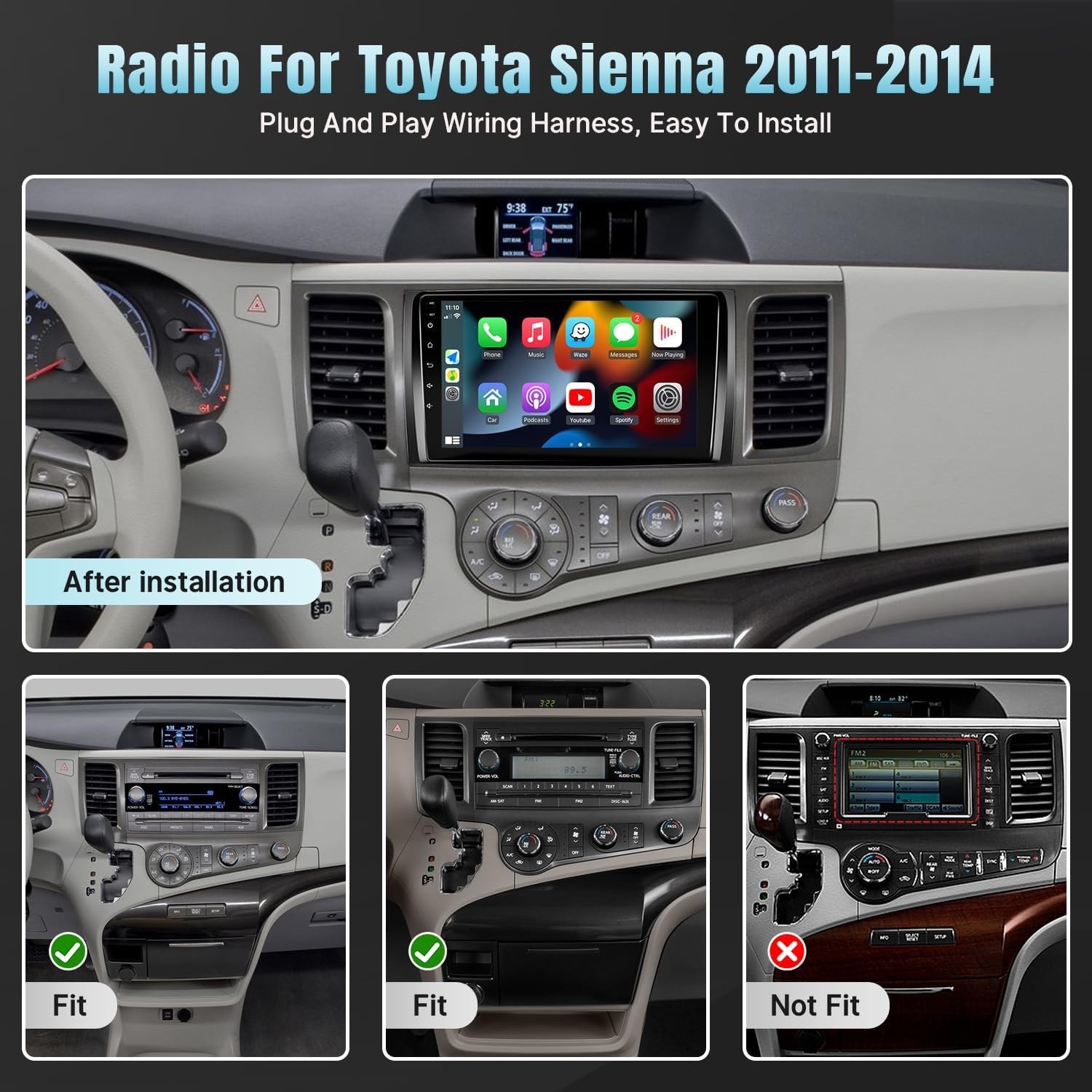 Naifay Car Radio Stereo for Toyota Sienna 11-14 w/Wireless CarPlay Android