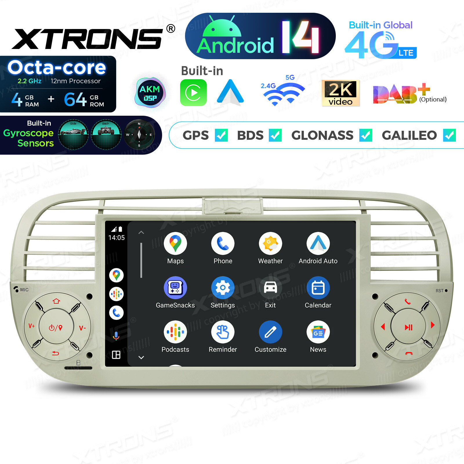 7″ Android 13 8Core Car Play GPS Sat Nav Stereo Radio for Fiat 500 2007-15 Beige