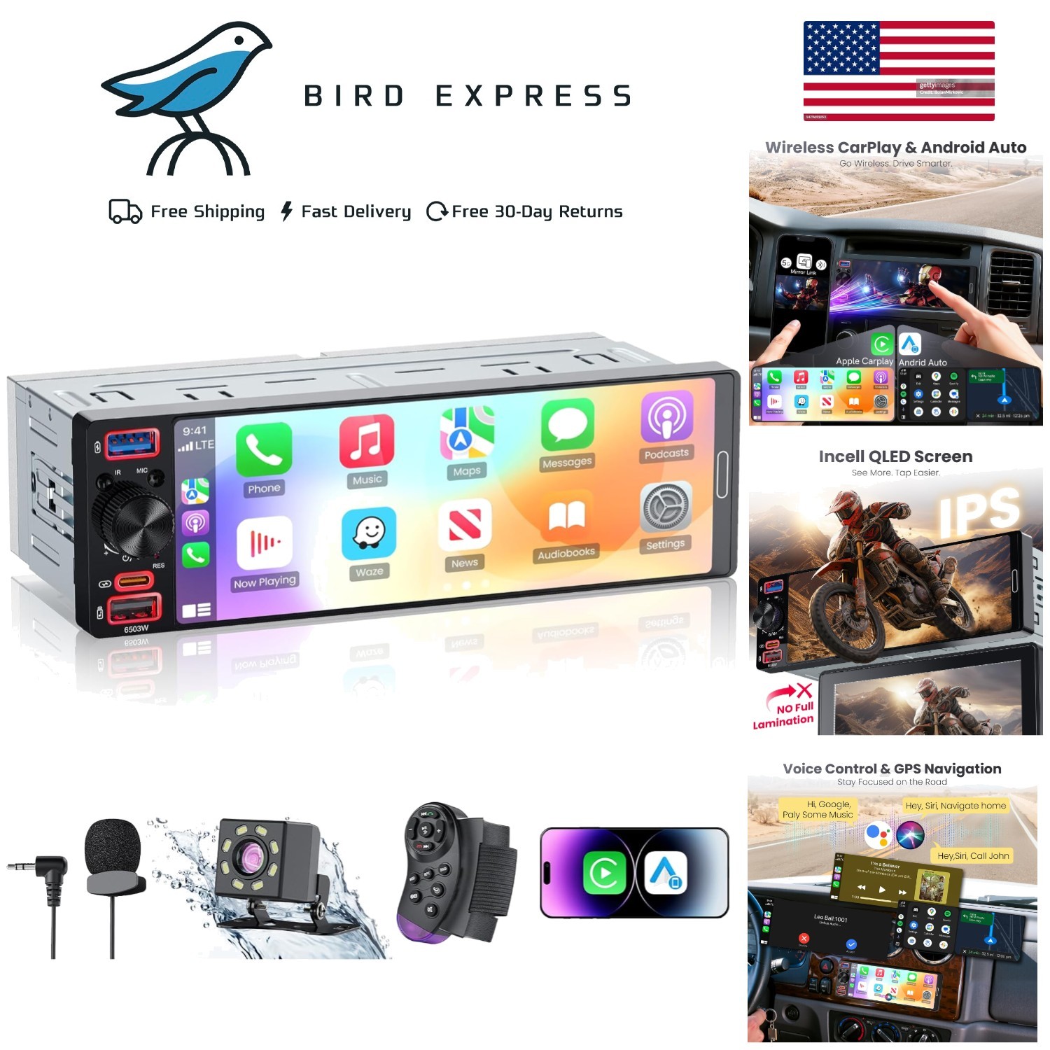 Single Din Car Stereo 6.5″ InCell Touchscreen Apple CarPlay Android Backup Ca…
