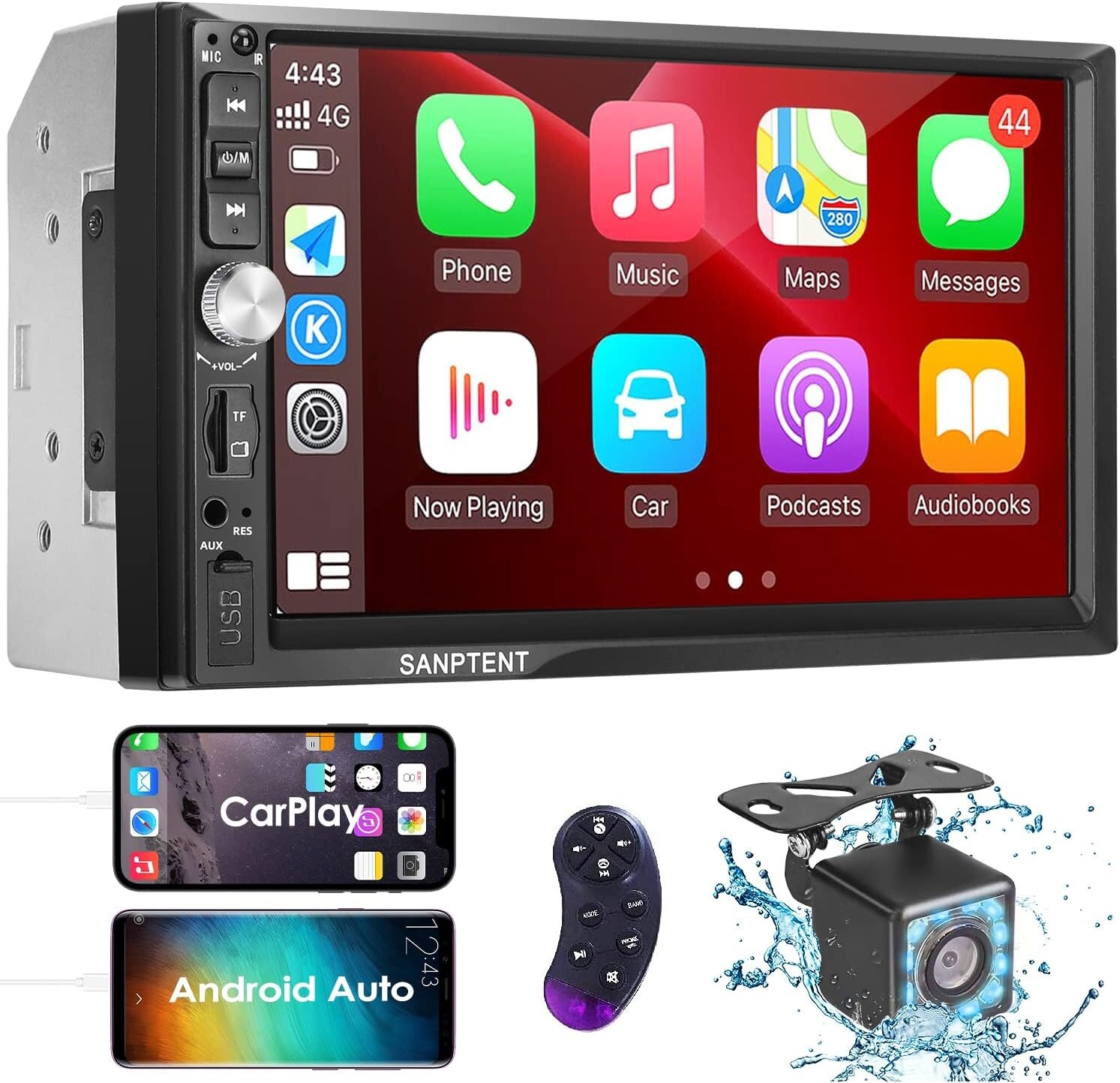 SANPTENT #7660 Double Din Car Stereo Radio 7″ Display works with Apple & Android