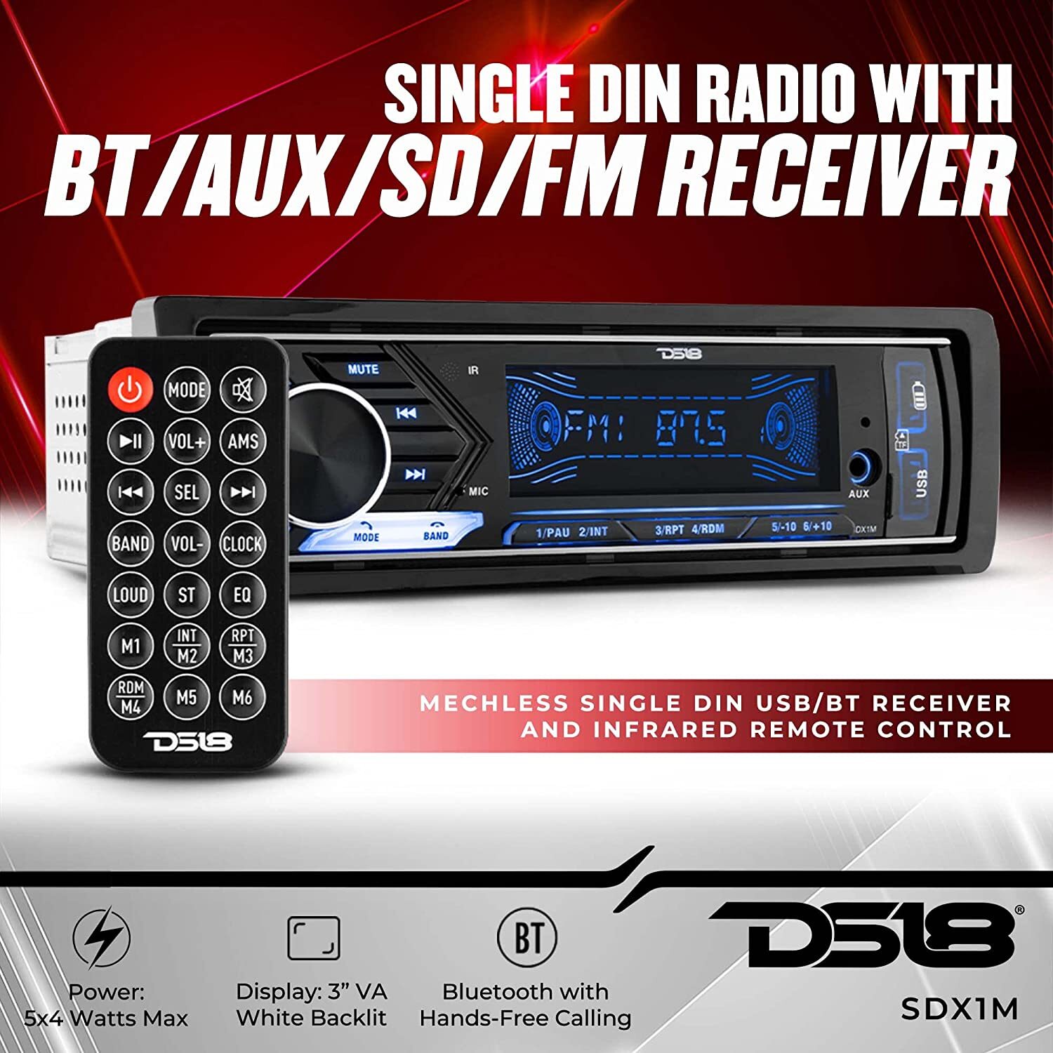 DS18 1 Din Mechless Bluetooth Radio Car Stereo Audio AUX/FM/SD/MP3 Player Remote