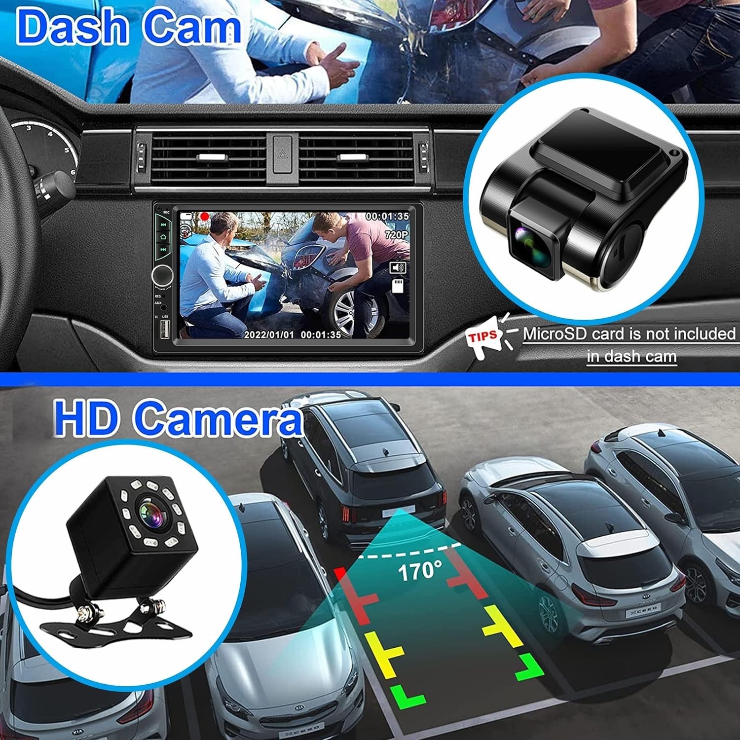 Double Din Car Stereo with Dash Cam,Compatible with Apple Carplay,Android Aut…