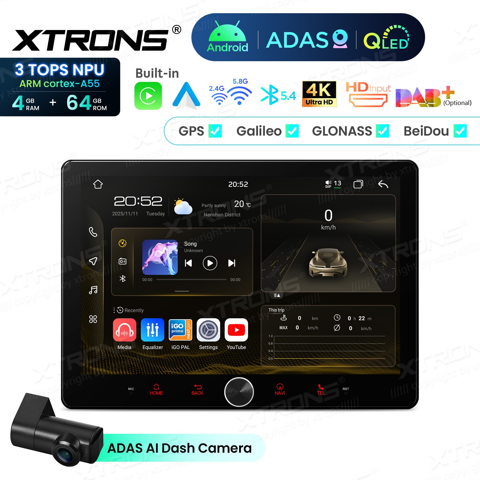 10.1″ QLED 2 DIN AI NPU Android 14 Car Radio Stereo 4+64G CarPlay ADAS Dash CAM