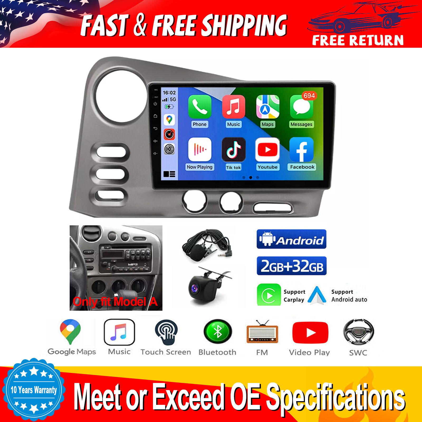 For 2003-2008 Pontiac Vibe Apple Carplay Android 13 Car Stereo Radio GPS DSP FM
