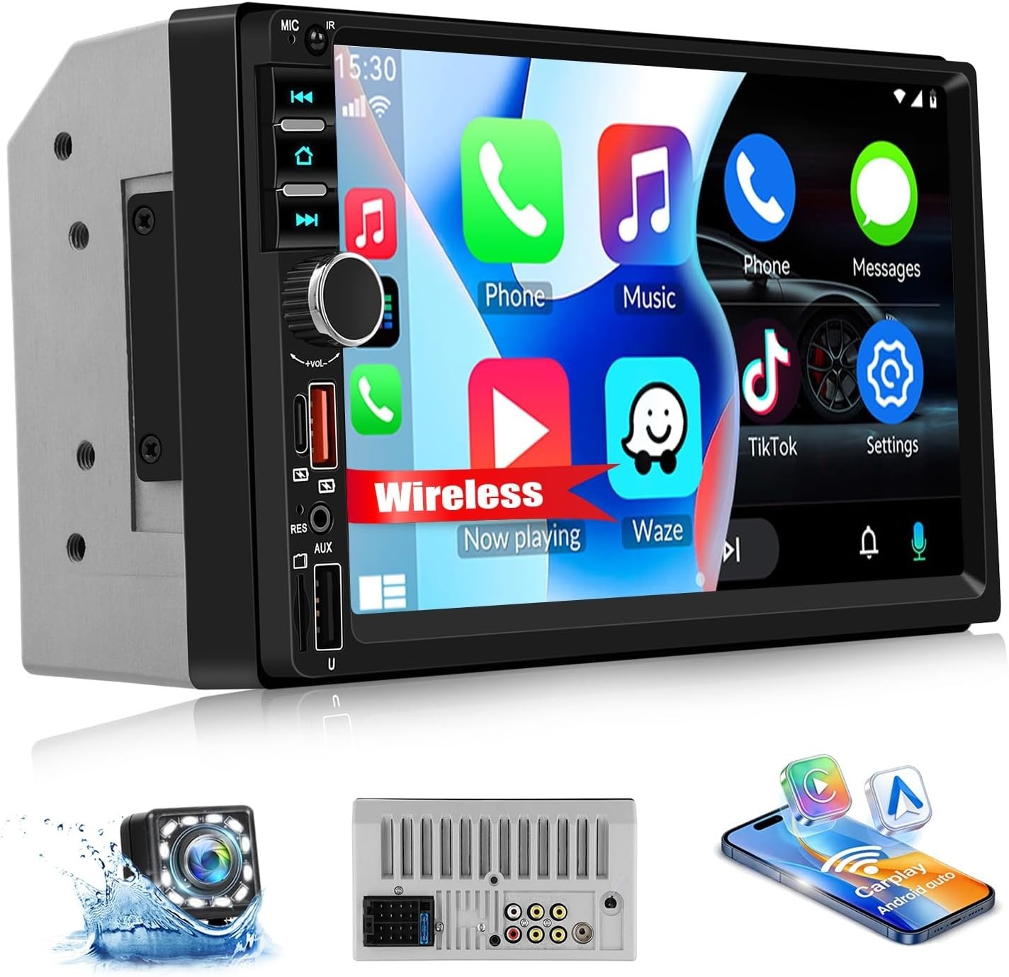 Wireless Double Din Car Stereo Compatible A-pple Carplay Android Auto,7″ IPS 102