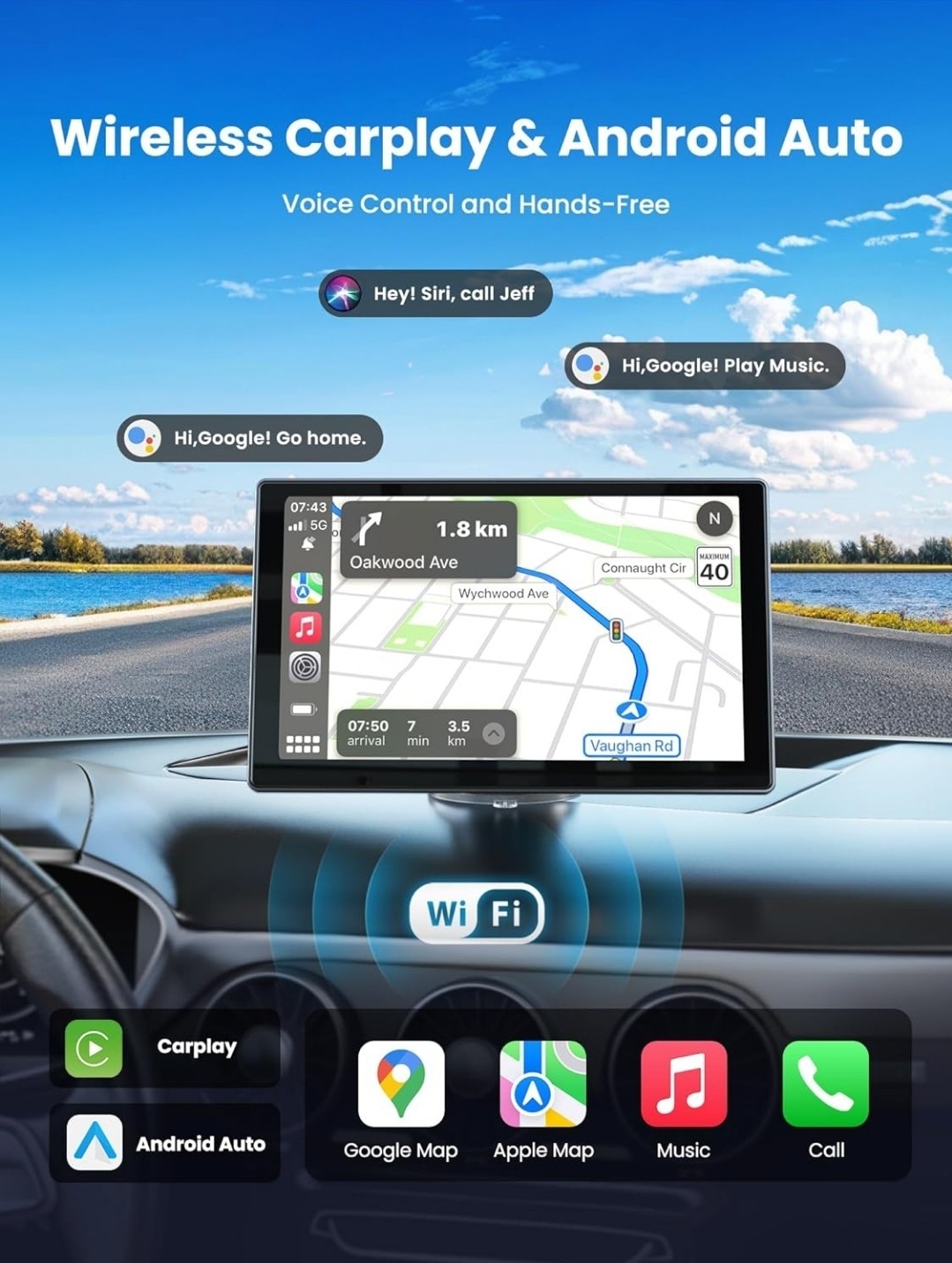 Carplay Screen for Car, 9″ Portable Wireless Carplay & Android Auto, 4K DashCam