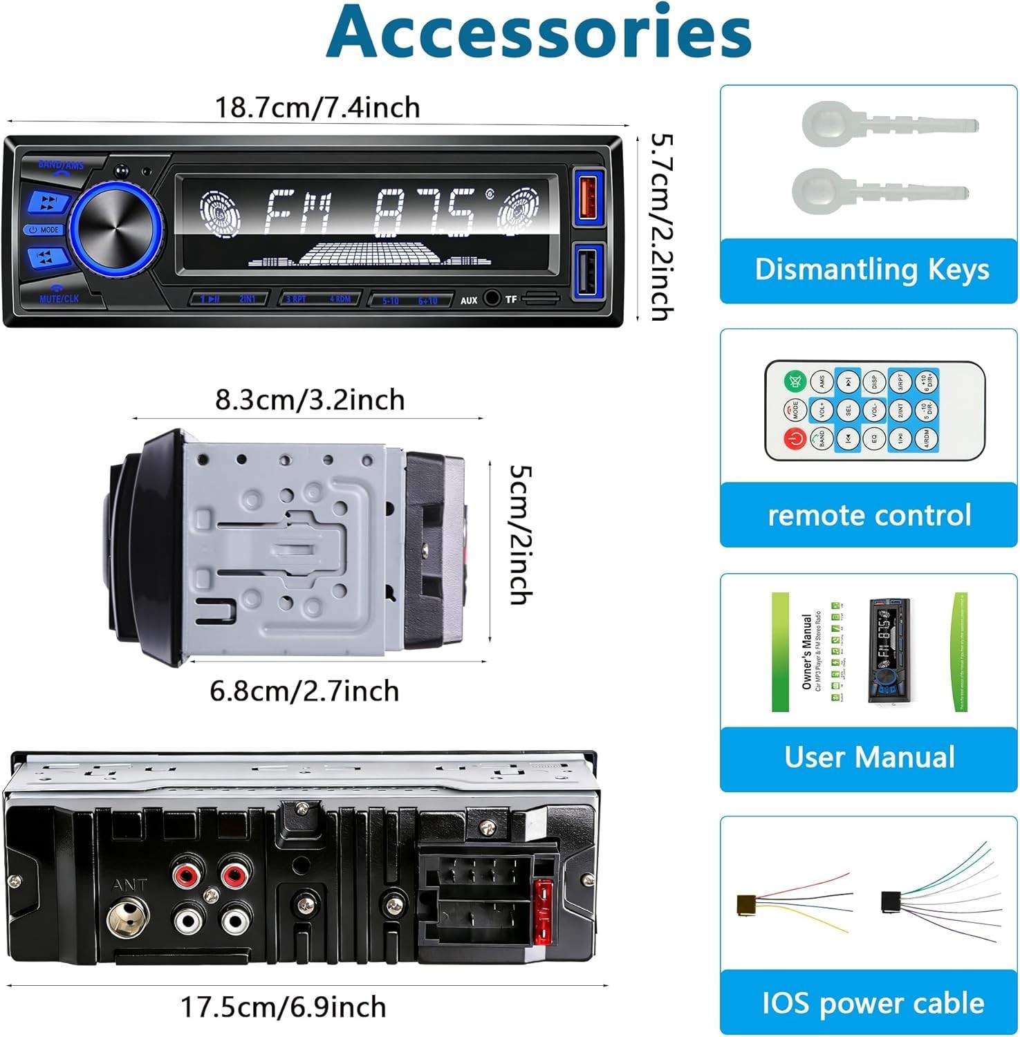 Bluetooth Car Stereo Radio with FM/MP3/AUX Dual USB App Control and LED Lights