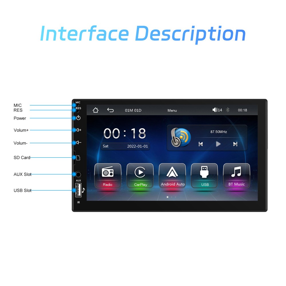 7″ Single 1Din Touch Screen Car Stereo Radio USB BT Android auto Carplay +Camera