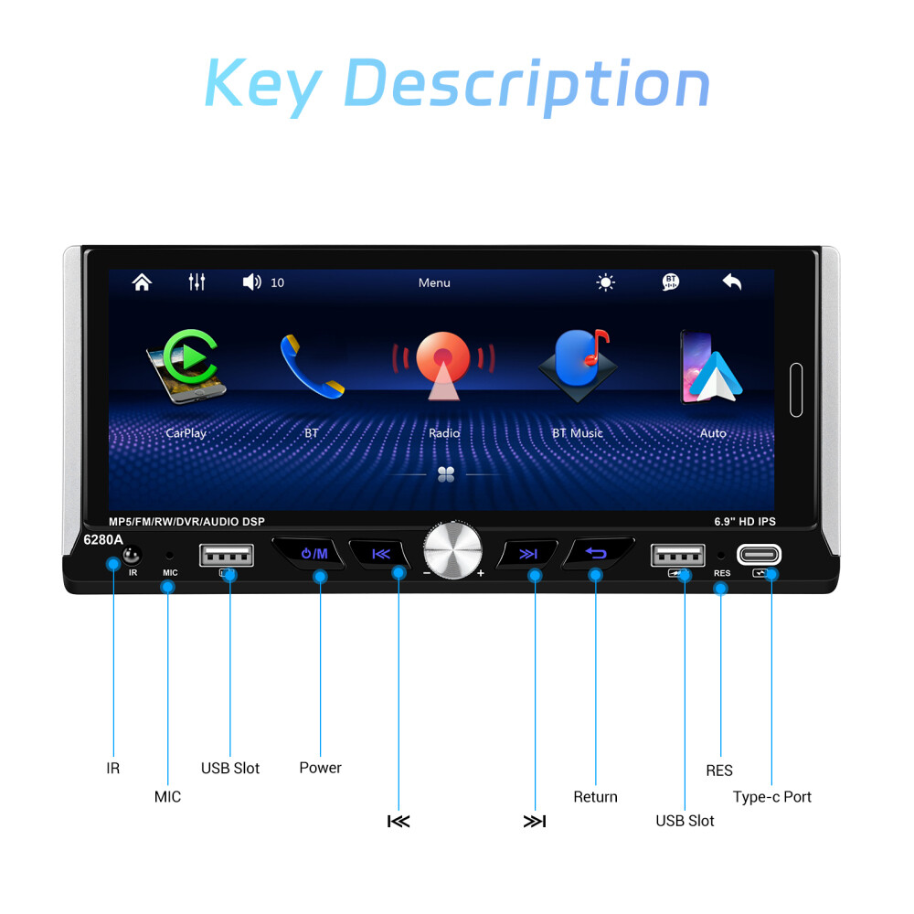 2+64GB 6.9″ Single 1 Din Android 15 Carplay BT GPS Touch Screen Car Stereo Radio