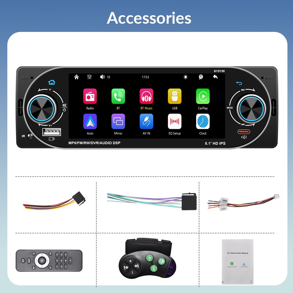 Car Stereo Radio Player Video BT RDS 1DIN Mirror Link HD LCD Screen For CarPlay