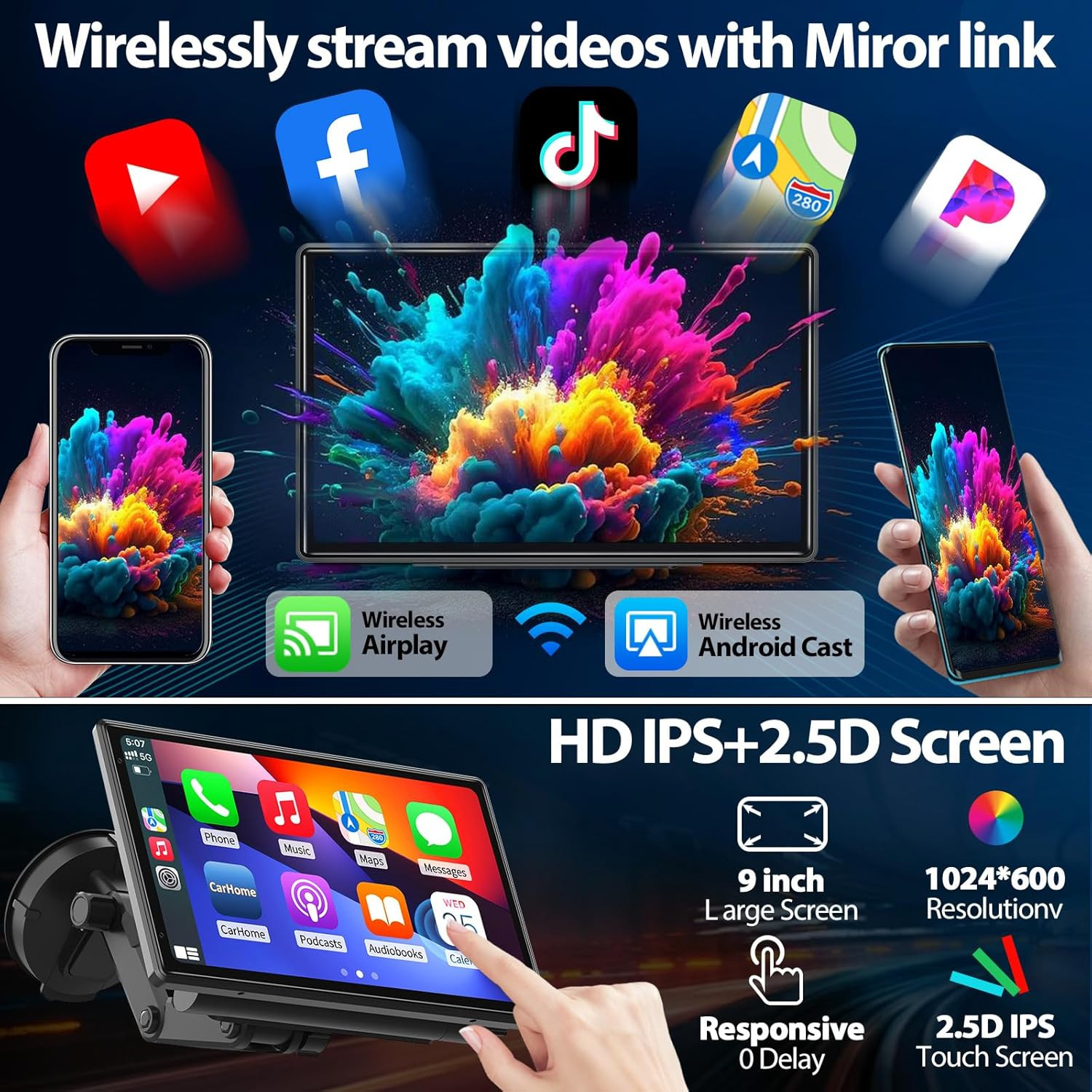 Wireless CarPlay Screen for Car – Portable Dash 9″ HD IPS Screen with Strongest