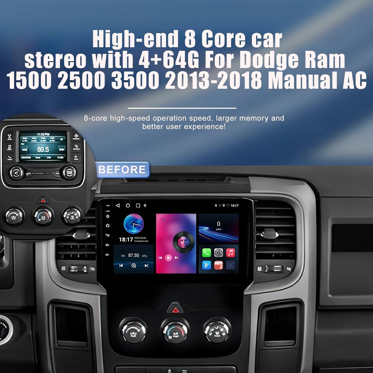 8 Core Car Radio for Dodge Ram 1500 2500 3500 2013-2018 Manual AC 4+64G with …