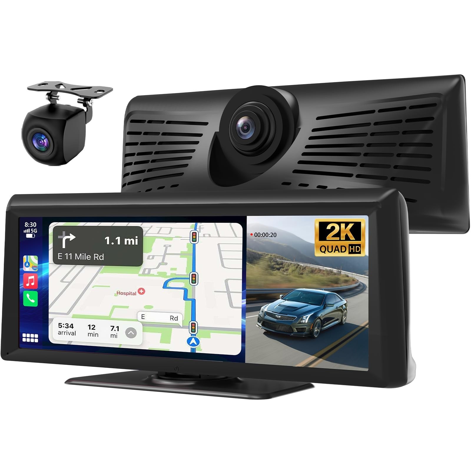8.1″ HD Wireless Carplay Stereo with 2K Dash Cam, Bluetooth, GPS, Voice Control,