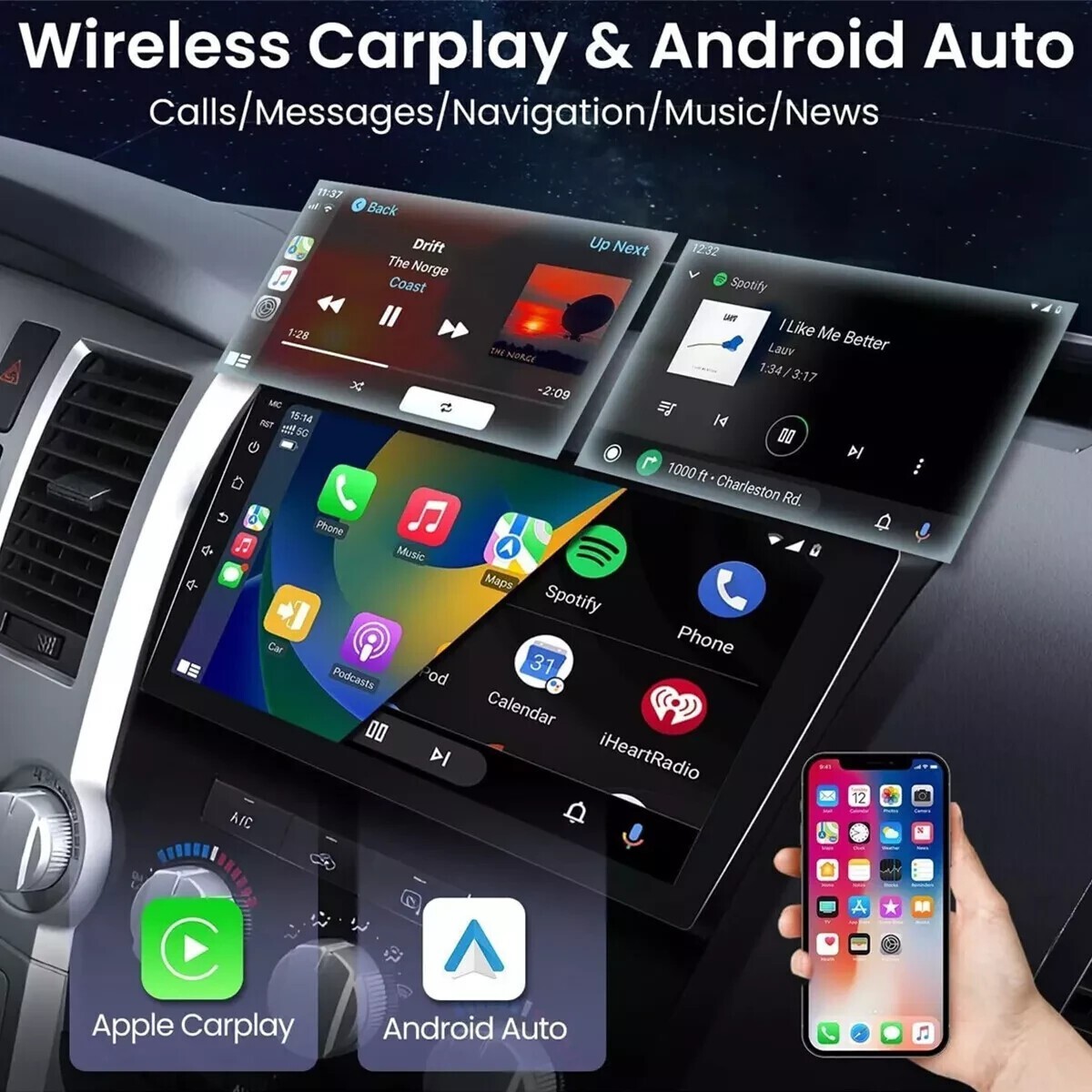 10.1” Car Radio Wireless Android CarPlay 4+32GB For 07-13 Toyota Sequoia Tundra