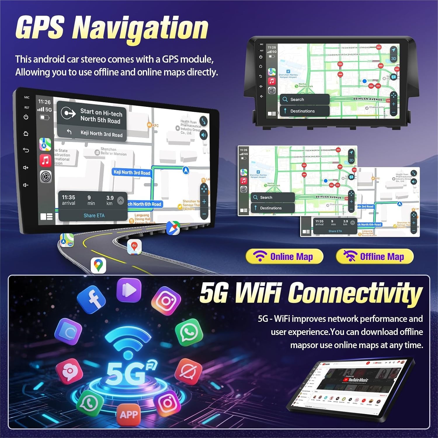 9″ 32G Android Auto Carplay for 2016-2021 Honda Civic w/ JBL Audio; Free Camera