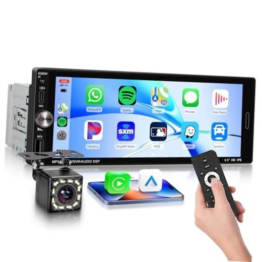 6.9 Inch Single Din Car Stereo with Wireless CarPlay/Android Auto/Mirror