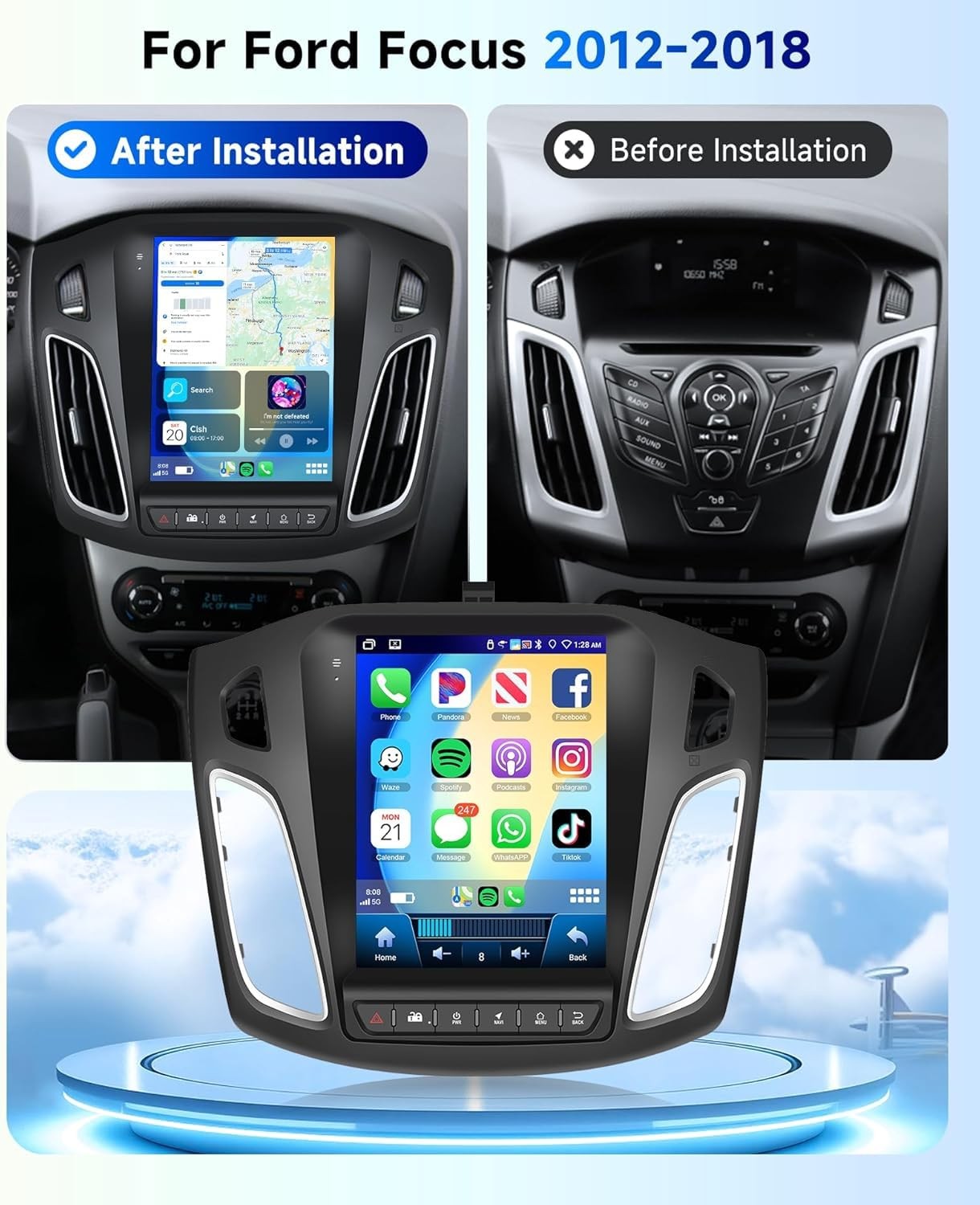 9.7″ Touchscreen Wireless Carplay Android Auto Stereo for 2012-2018 Ford Focus