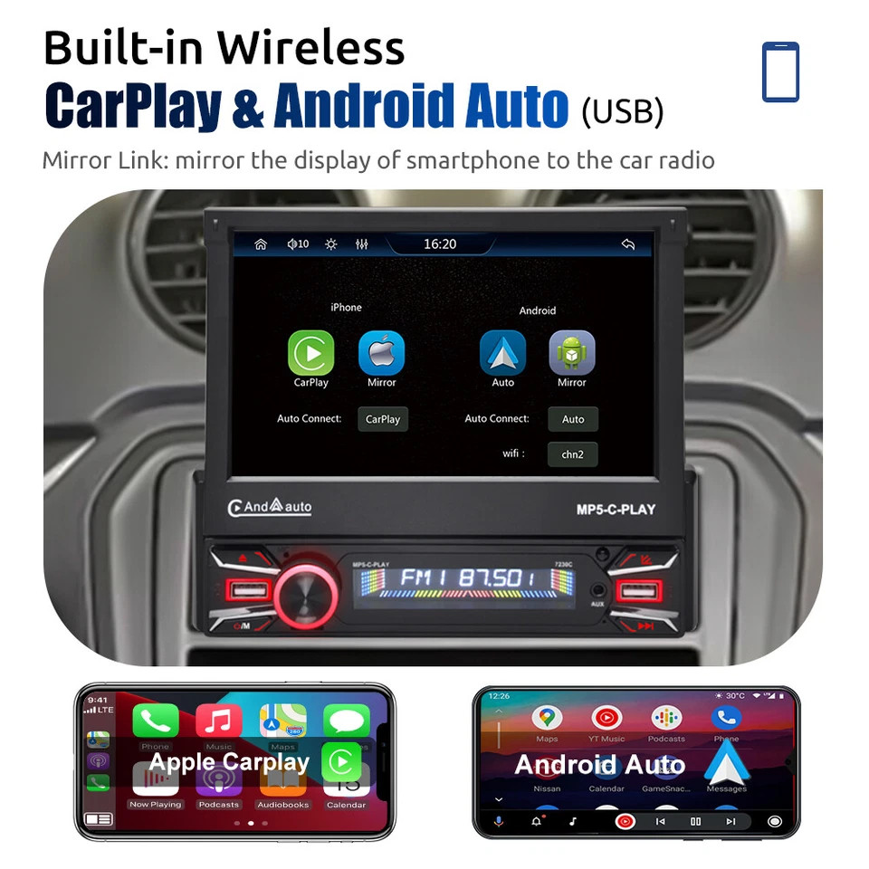 Single 1 DIN 7″ Car Stereo BT CarPlay FM Radio Touch Screen with Backup Camera