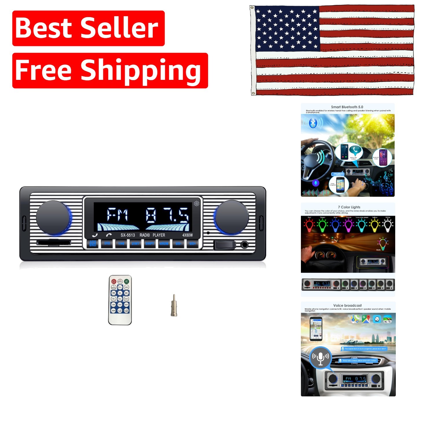 Retro Bluetooth Car Stereo with Fast Charging & Voice Assistant – Easy Install!