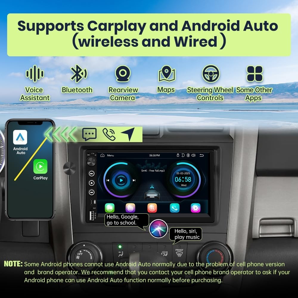 7″ Double Din Car Stereo – Wireless CarPlay, Android Auto, Bluetooth, Touchscree