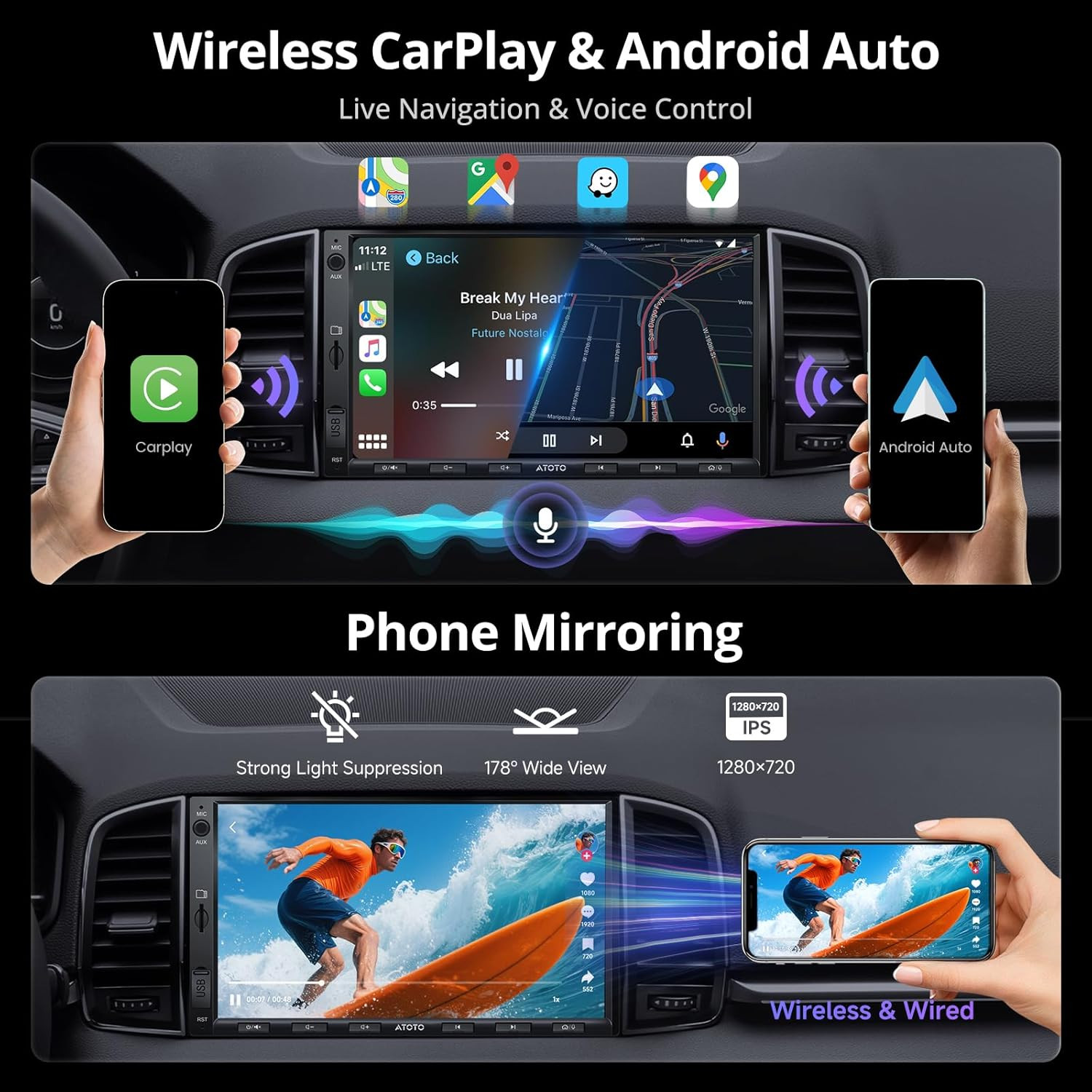A5L 7 Inch Android Double DIN Car Stereo, Wireless Carplay & Android Auto, Wi-Fi