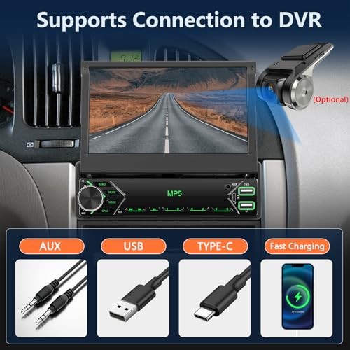 Single Din Car Stereo Wired CARPLAY Android auto, Flip Out Car Radio 7 Inch