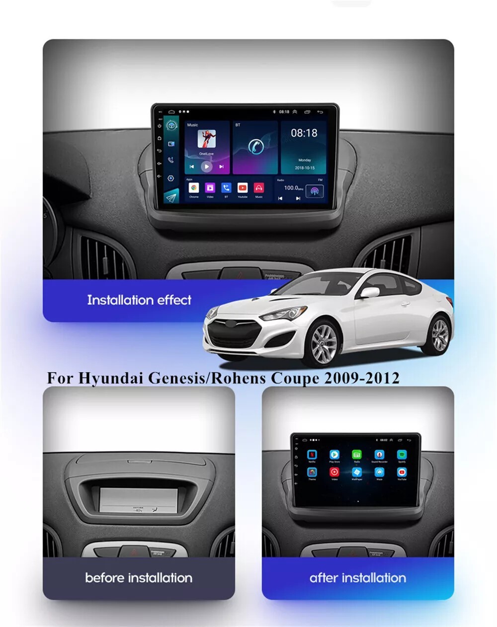 9″ Car Radio Wireless Android CarPlay 2+32GB For 09-12 Hyundai Genesis Coupe