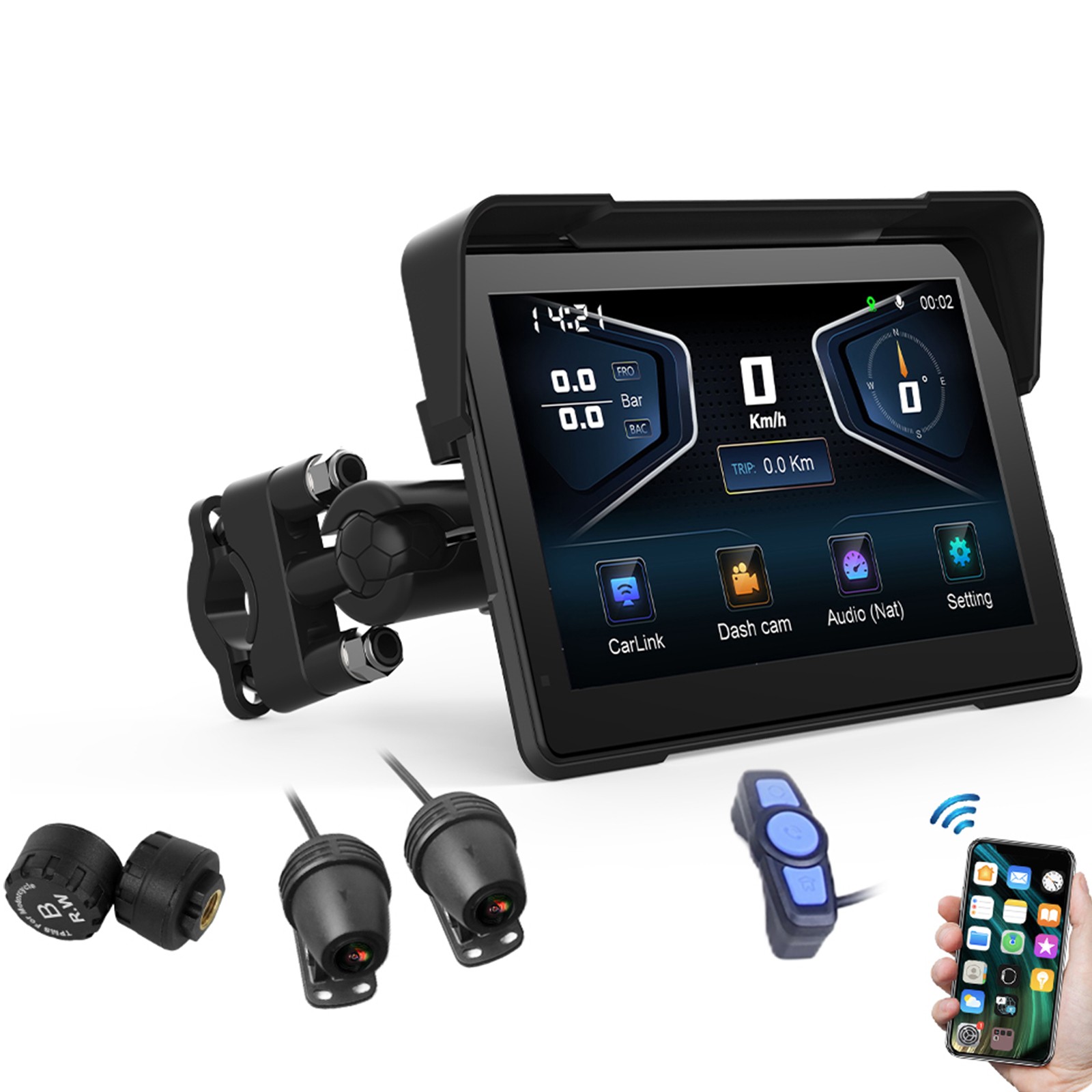 7″ Touch Screen Motorcycles Navigator GPS Wireless CarPlay with camera DVR&TPMS