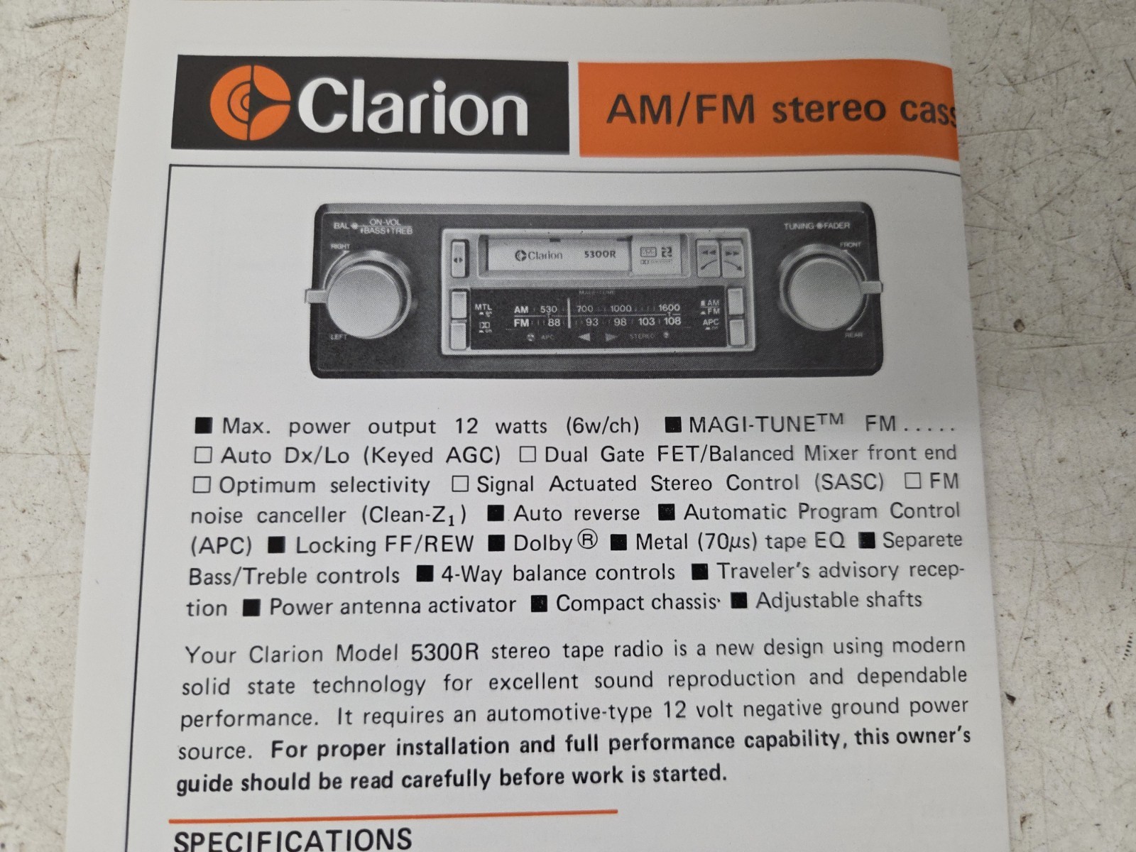 Vintage NOS Clarion 5300R AM/FM Stereo Cassette Reciever Shaft Mount Old School
