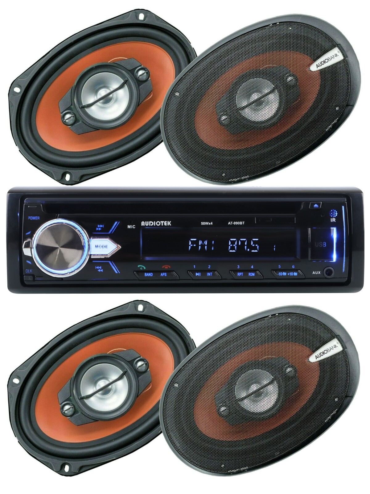 Audiotek Car Stereo CD Bluetooth Receiver + 4x Audiobank 6″x9″ Coaxial Speakers