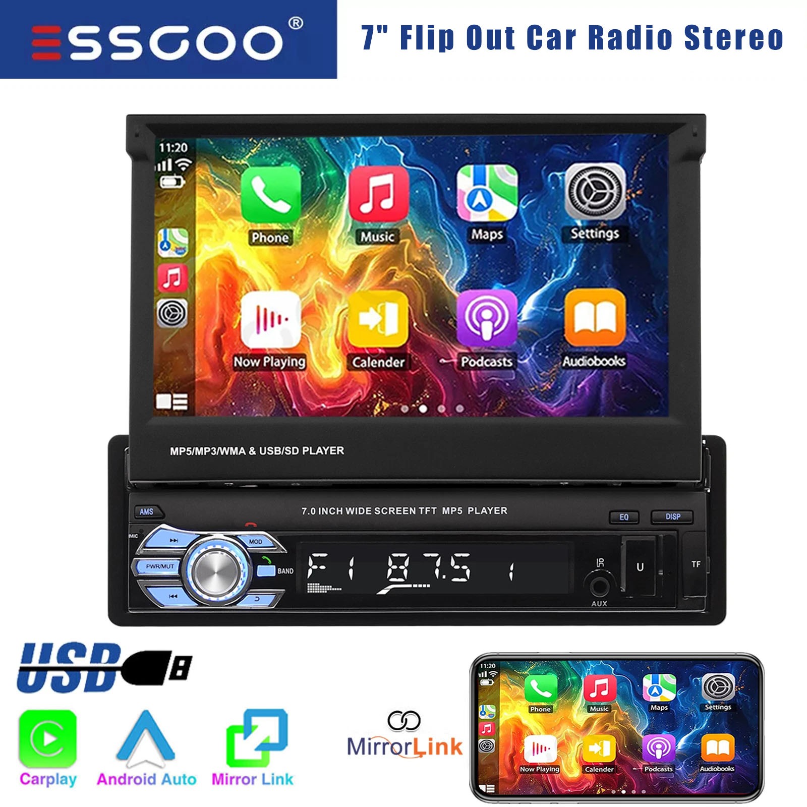 7″ Single 1 Din Car Stereo Radio Apple CarPlay & Android Auto Flip Out Player BT