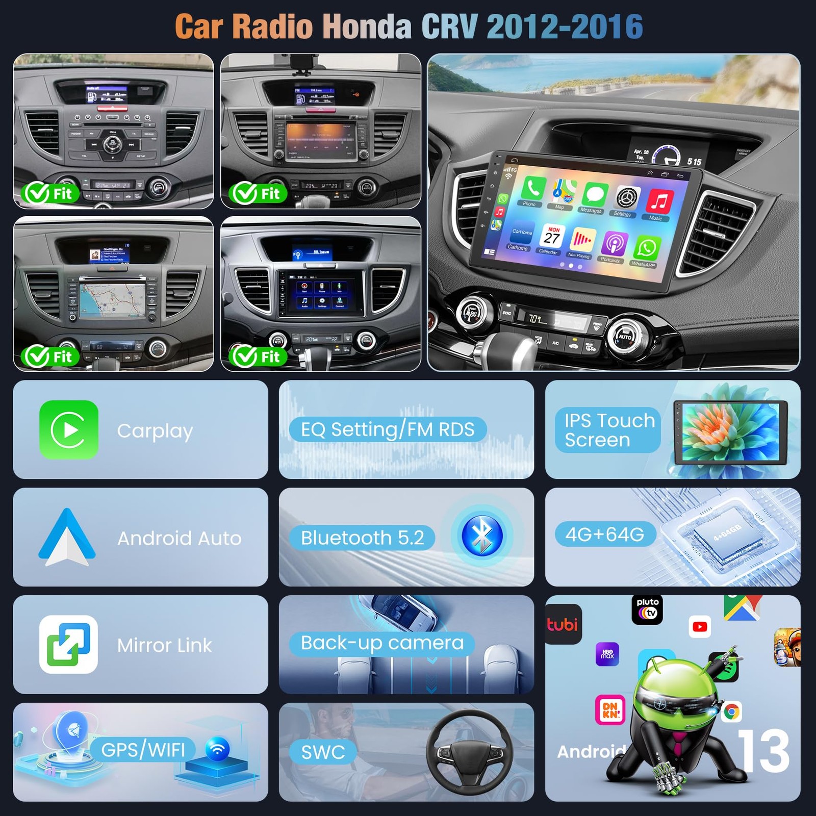 4GB+64GB Car Radio for Honda CRV 2012 2013 2014 2015 2016, 10 Inch IPS Touch …