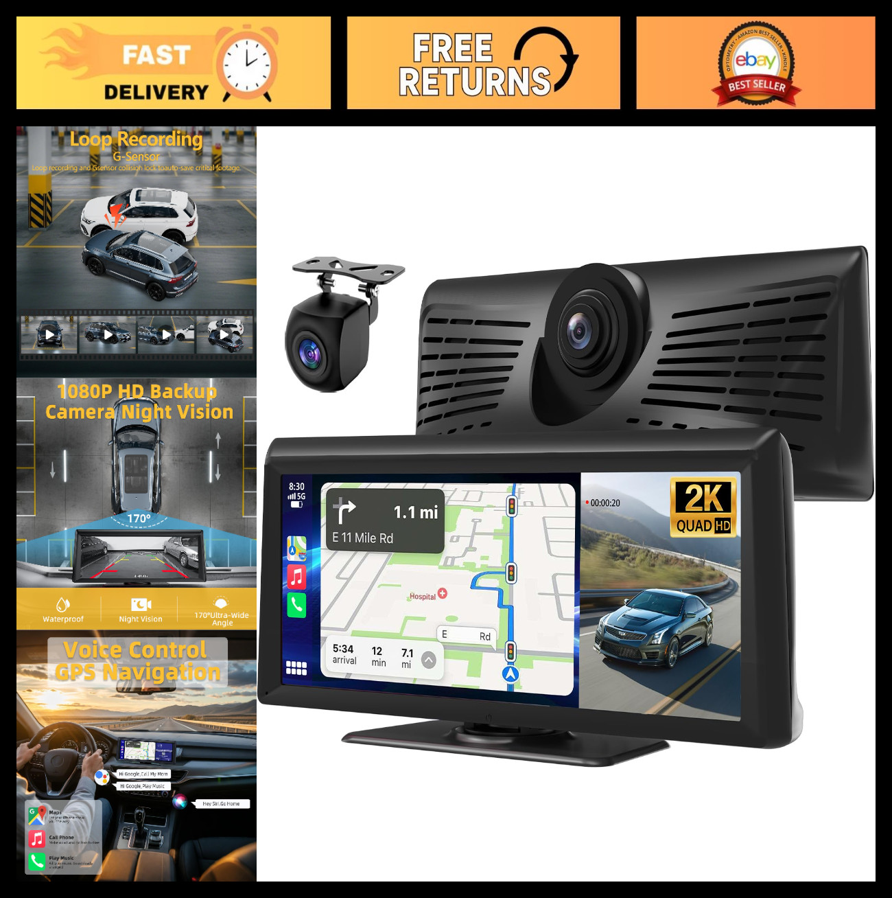 8.1″ HD Wireless Carplay Stereo with 2K Dash Cam, Bluetooth, GPS, Voice Control,