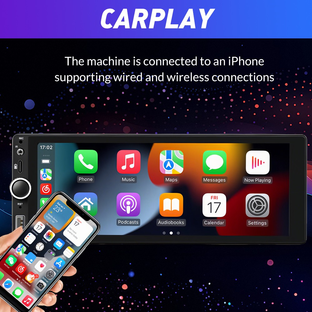 1 Din Car Stereo Wireless Apple CarPlay 6.86 touchscreen Bluetooth Radio USB
