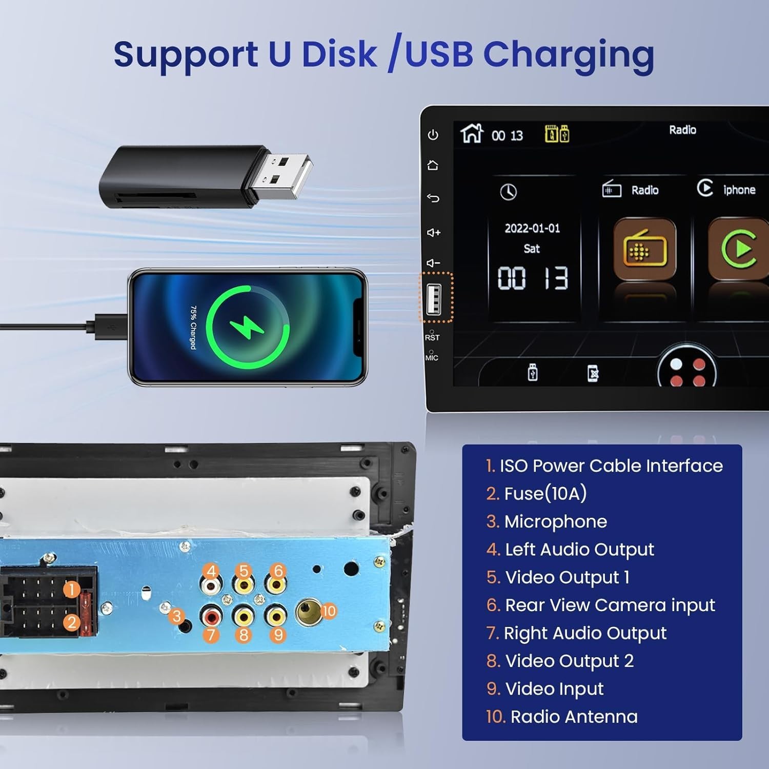 Single Din Car Radio, Bluetooth, GPS, USB, EQ, Backup Camera