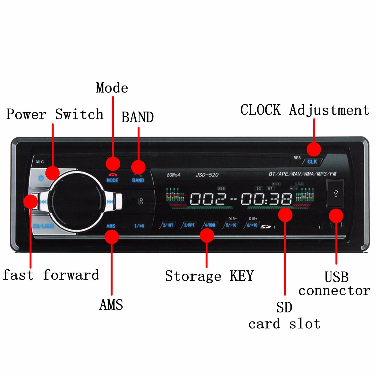 bluetooth Car Audio In-Dash FM Aux Input Receiver SD USB MP3 Radio Player JSD520